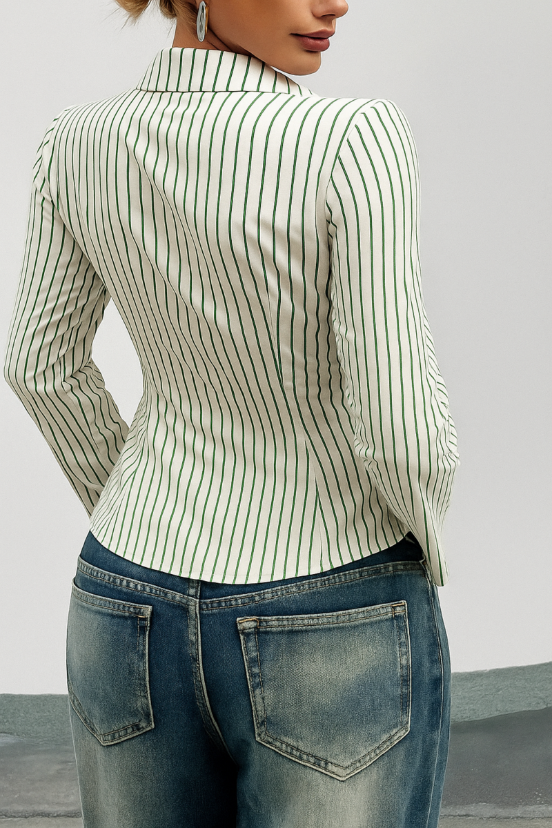 Keisha Green Stripe Full Sleeves Pleated Shirt - Image 3