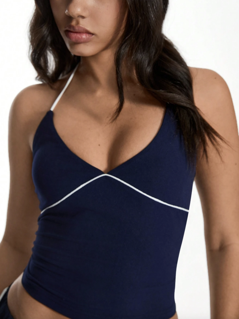 Eva Black Contrast Binding Cami Crop Top - Image 2