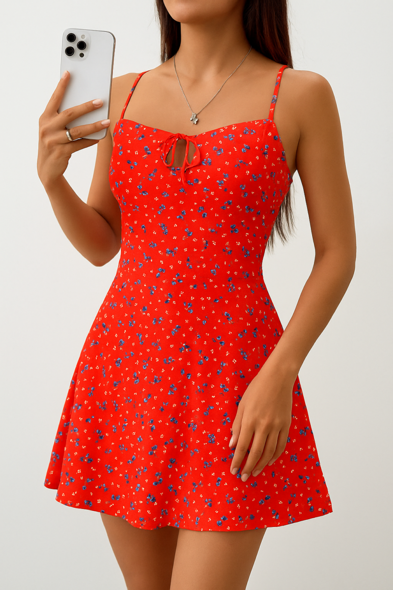 Gissel Red Floral Cami Mini Tie Neck Dress