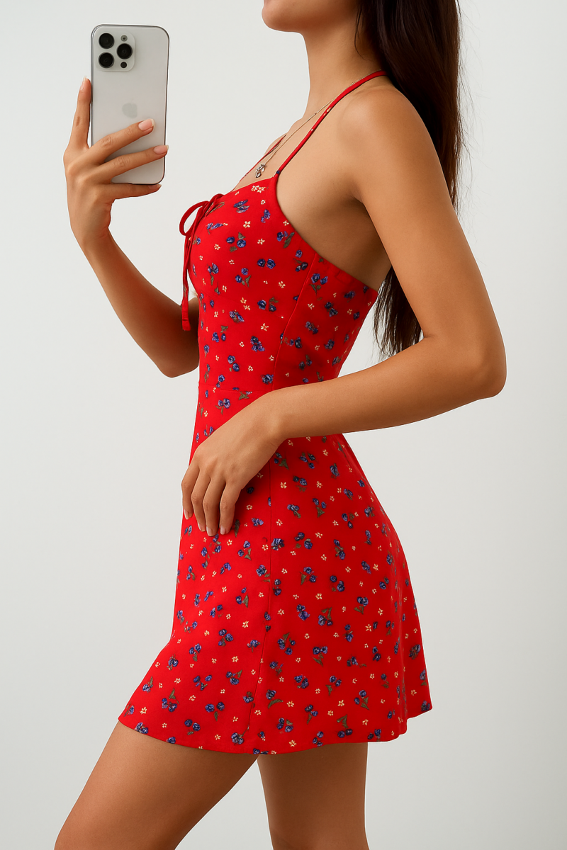 Gissel Red Floral Cami Mini Tie Neck Dress - Image 2