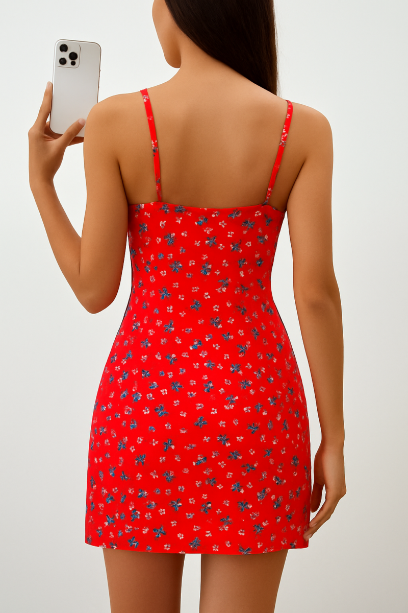 Gissel Red Floral Cami Mini Tie Neck Dress - Image 3