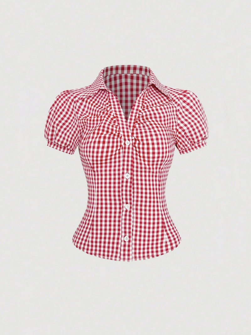 Sheena Red White Check Puff Sleeves Shirt Top