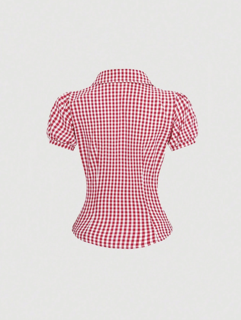 Sheena Red White Check Puff Sleeves Shirt Top - Image 2