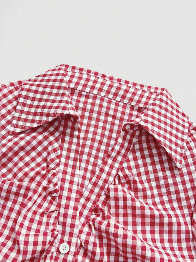 Sheena Red White Check Puff Sleeves Shirt Top - Image 3