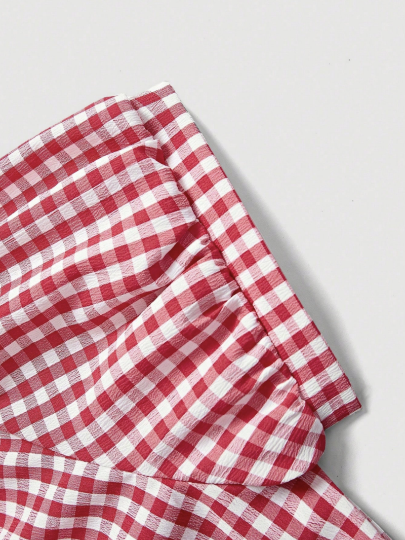 Sheena Red White Check Puff Sleeves Shirt Top - Image 4