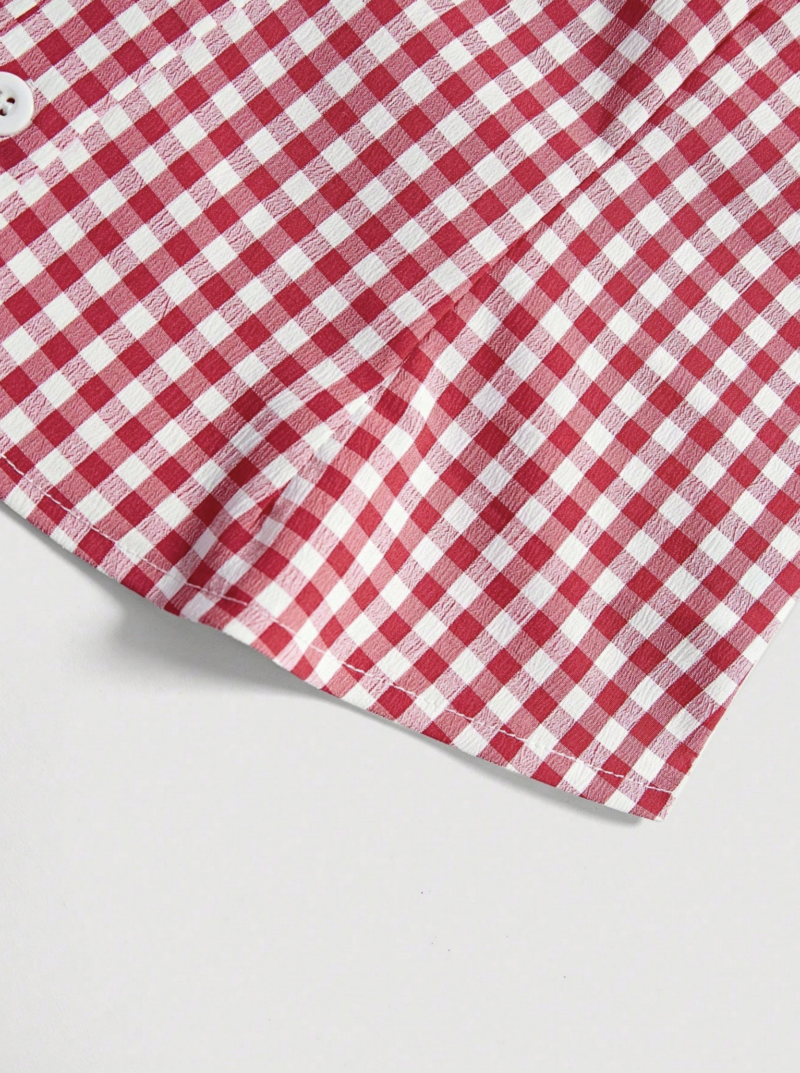 Sheena Red White Check Puff Sleeves Shirt Top - Image 5