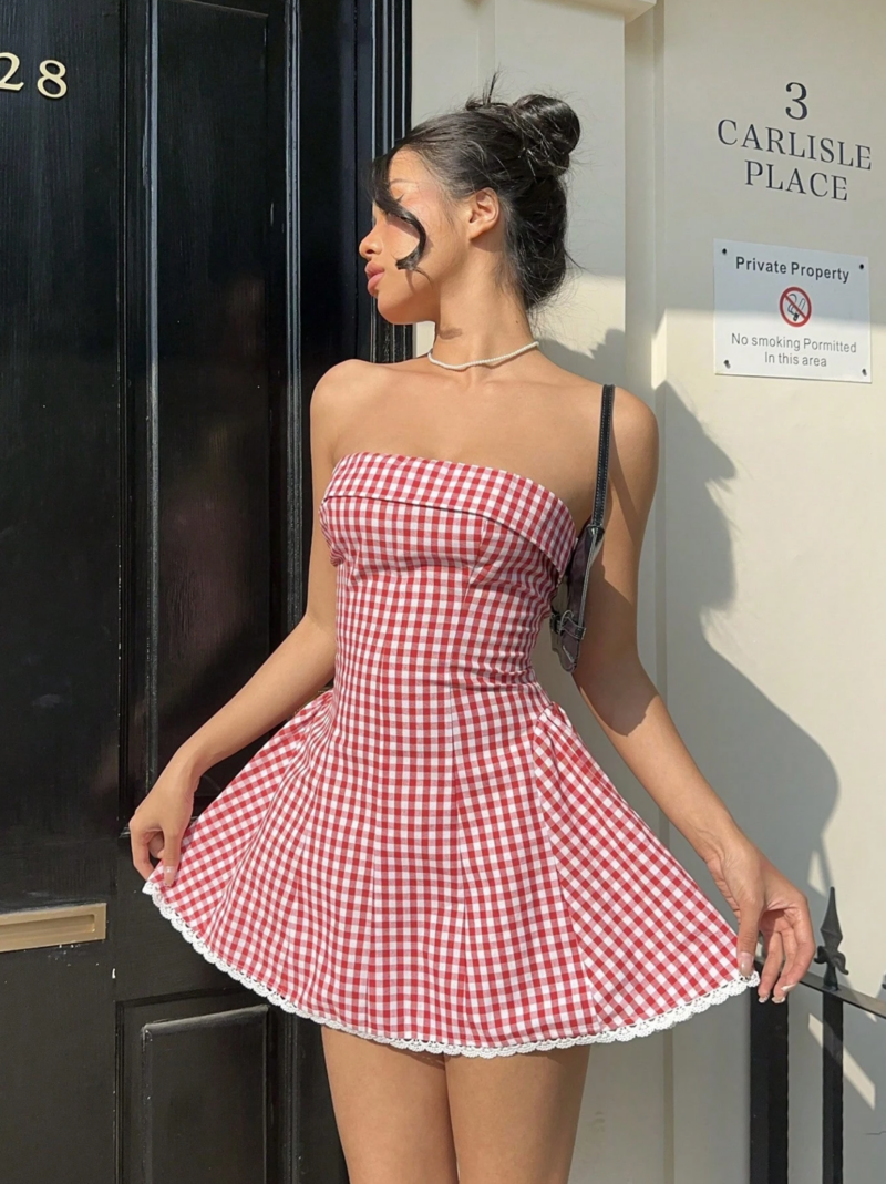 Ginny Red Check Off Shoulder Flared Mini Dress