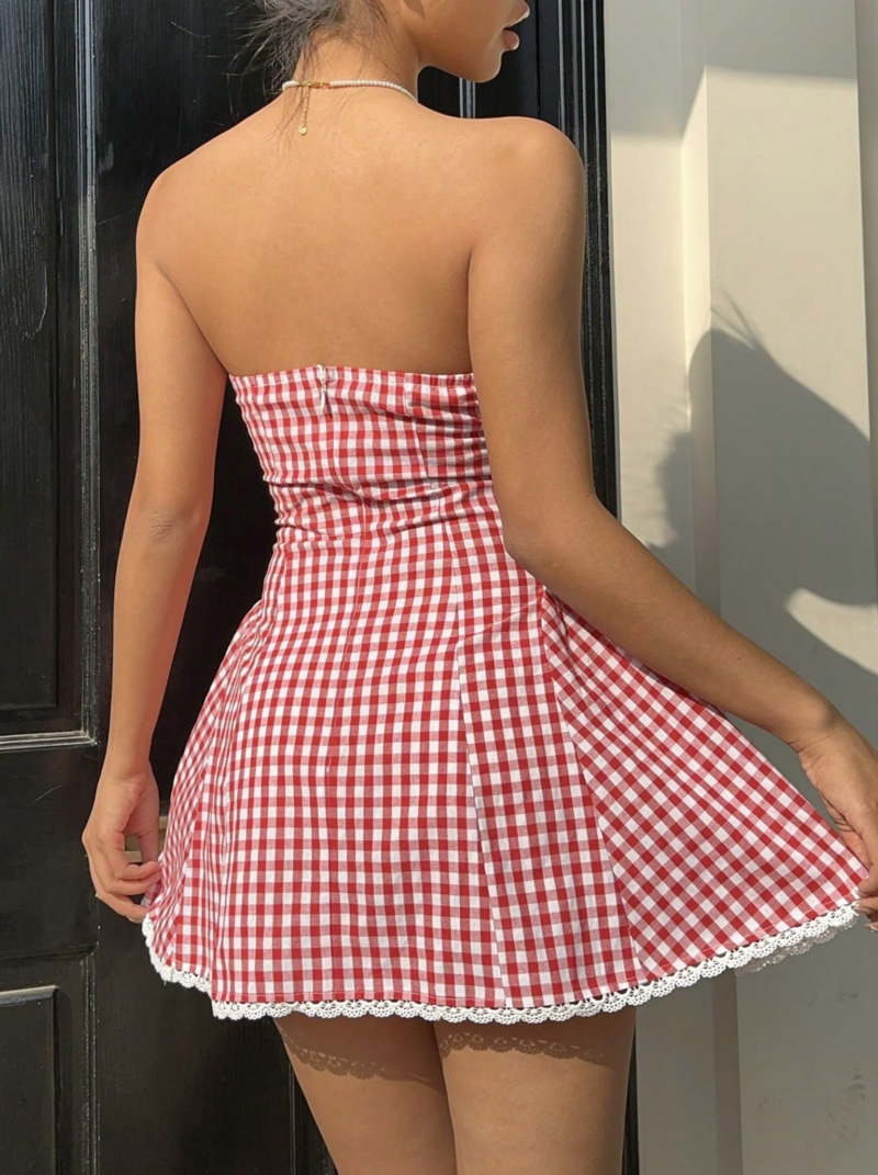Ginny Red Check Off Shoulder Flared Mini Dress - Image 2