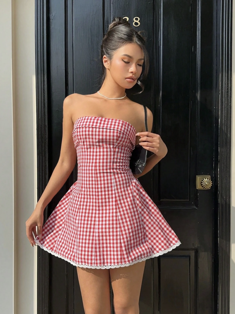 Ginny Red Check Off Shoulder Flared Mini Dress - Image 3