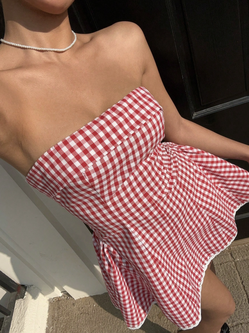 Ginny Red Check Off Shoulder Flared Mini Dress - Image 4