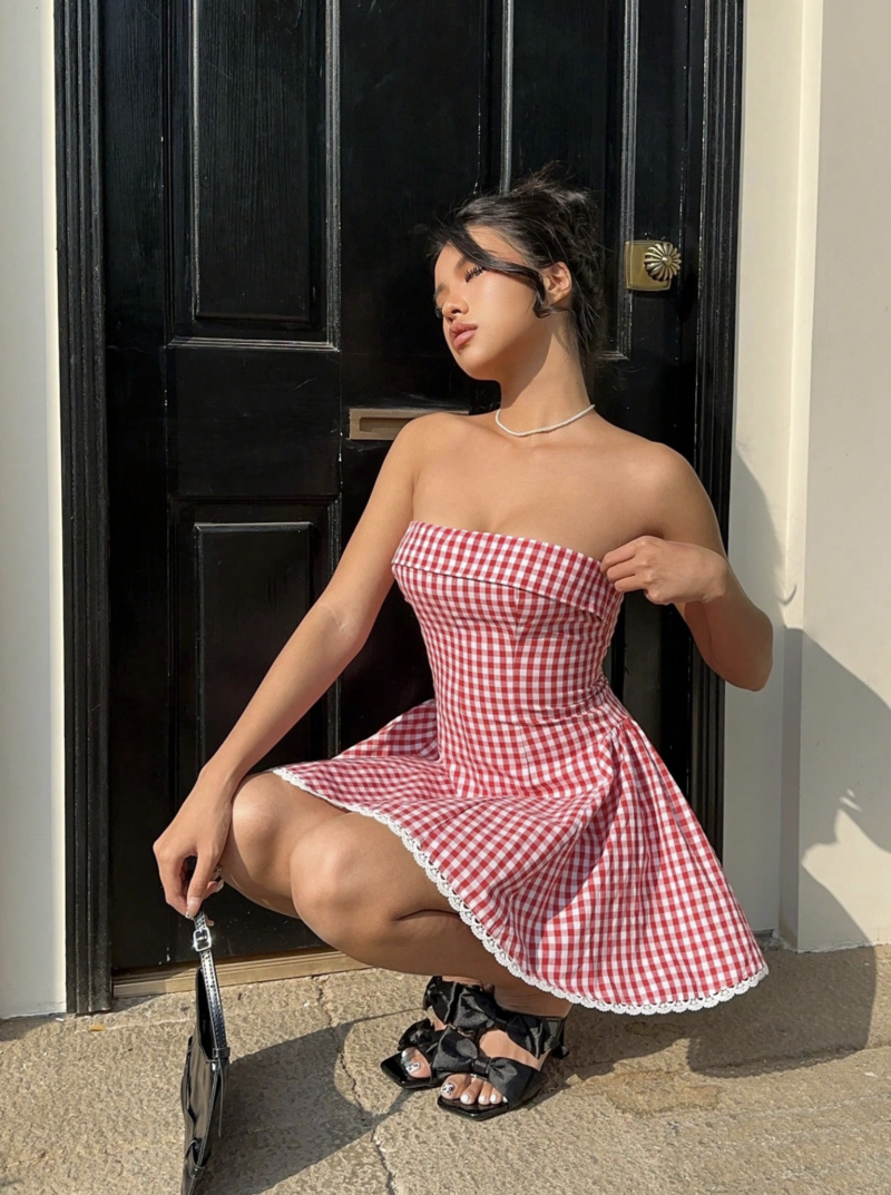 Ginny Red Check Off Shoulder Flared Mini Dress - Image 5