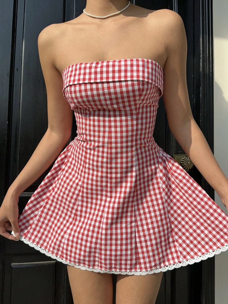 Ginny Red Check Off Shoulder Flared Mini Dress - Image 6