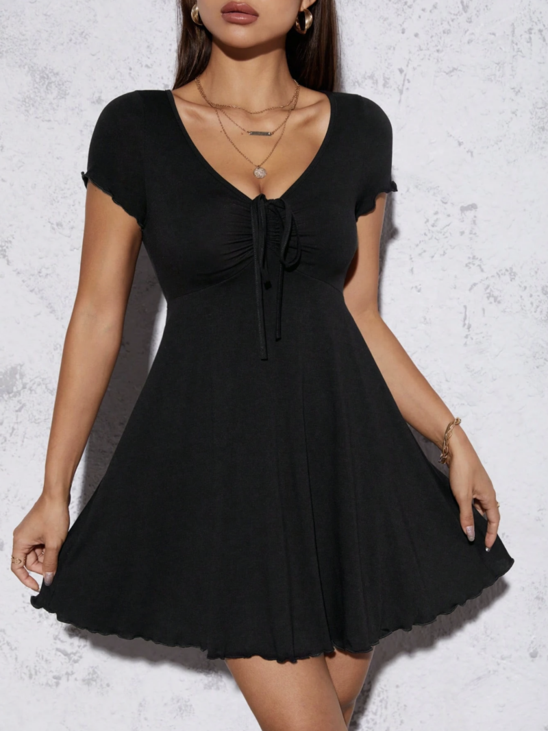 Rayna Black V Neck Lettuce Hem Flared Dress