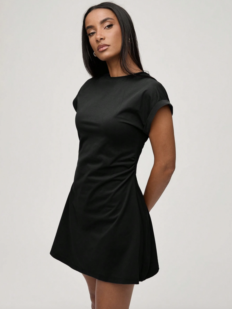 Louisa Black Ruched Waist Flared Dress - Image 4