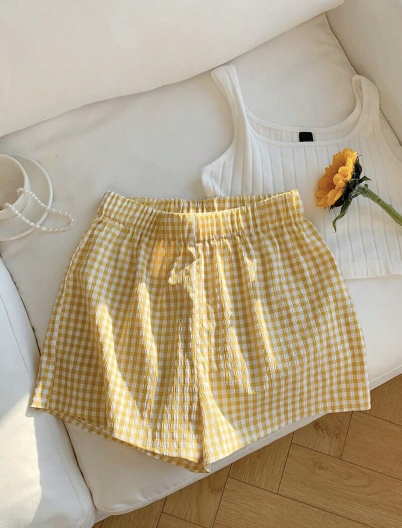 Mary Yellow White Check Cotton Shorts