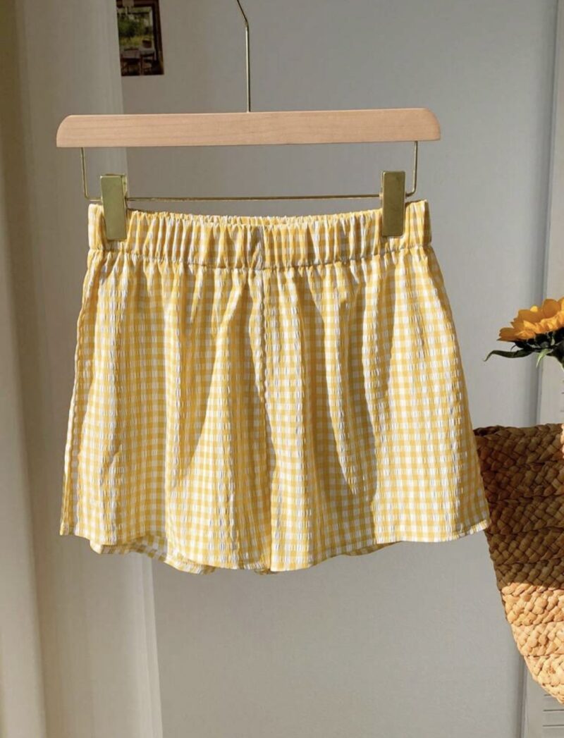 Mary Yellow White Check Cotton Shorts - Image 2