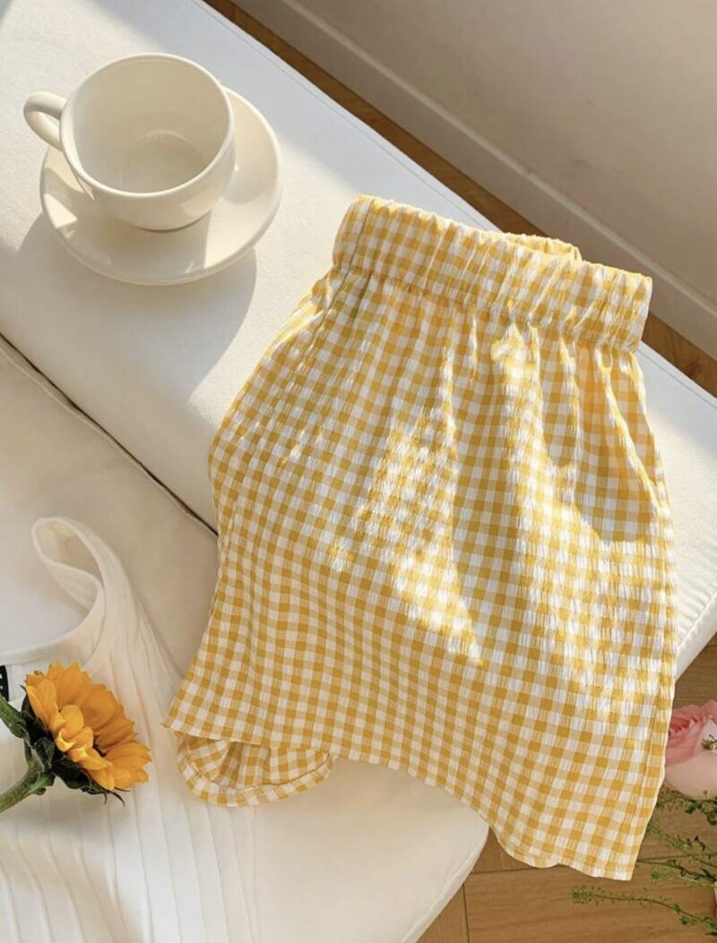 Mary Yellow White Check Cotton Shorts - Image 3