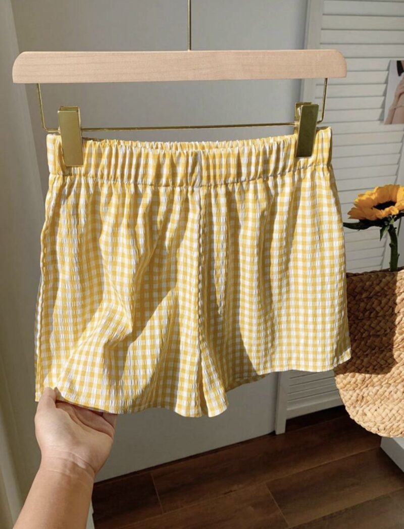 Mary Yellow White Check Cotton Shorts - Image 4