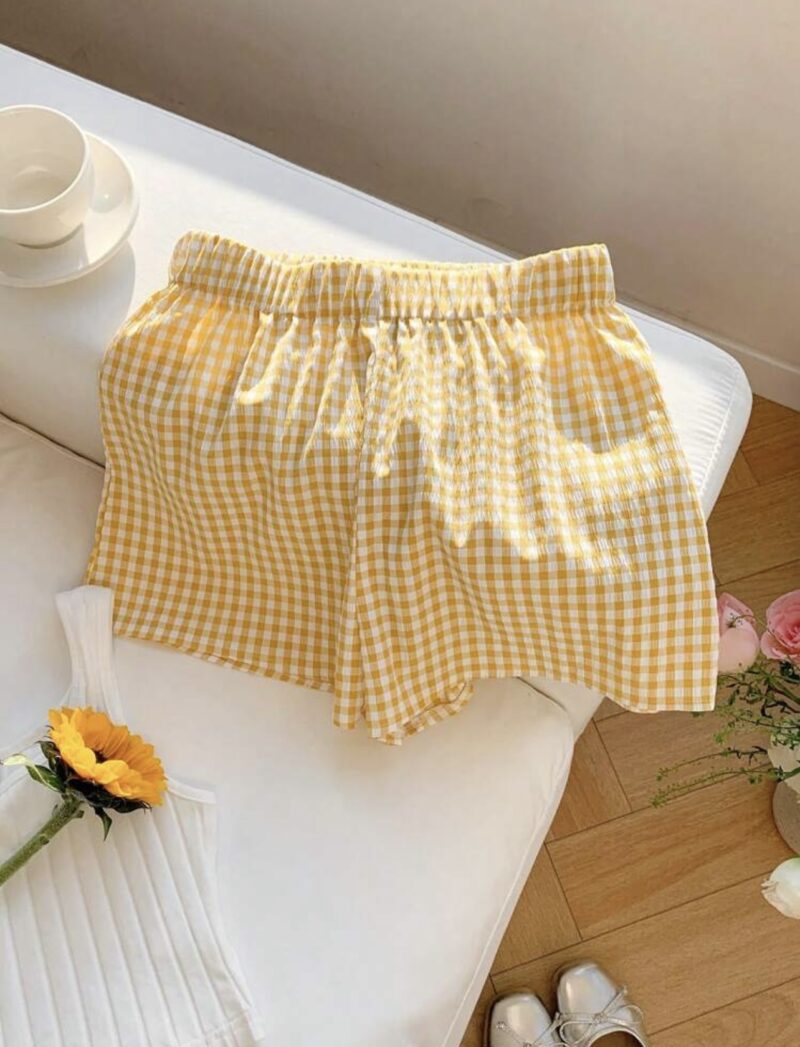 Mary Yellow White Check Cotton Shorts - Image 5