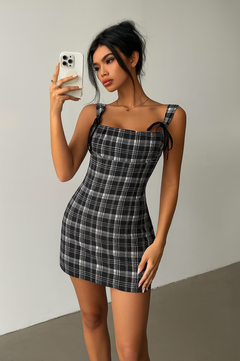 Myla Black White Check Back Tie Mini Dress - Image 3