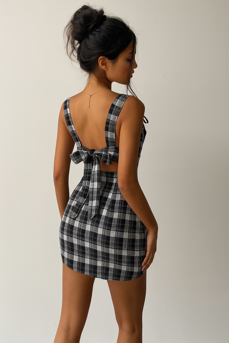 Myla Black White Check Back Tie Mini Dress - Image 2