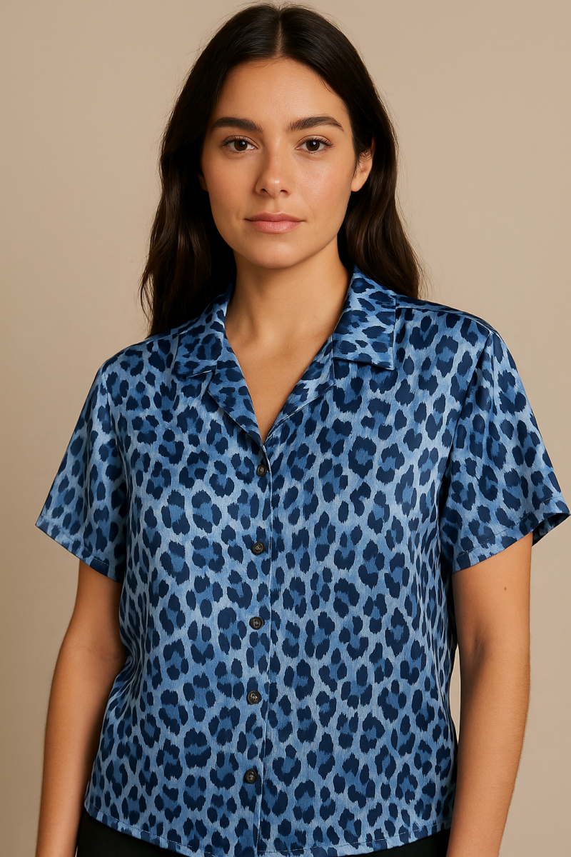 Fimmy Blue Leopard Print Satin Shirt