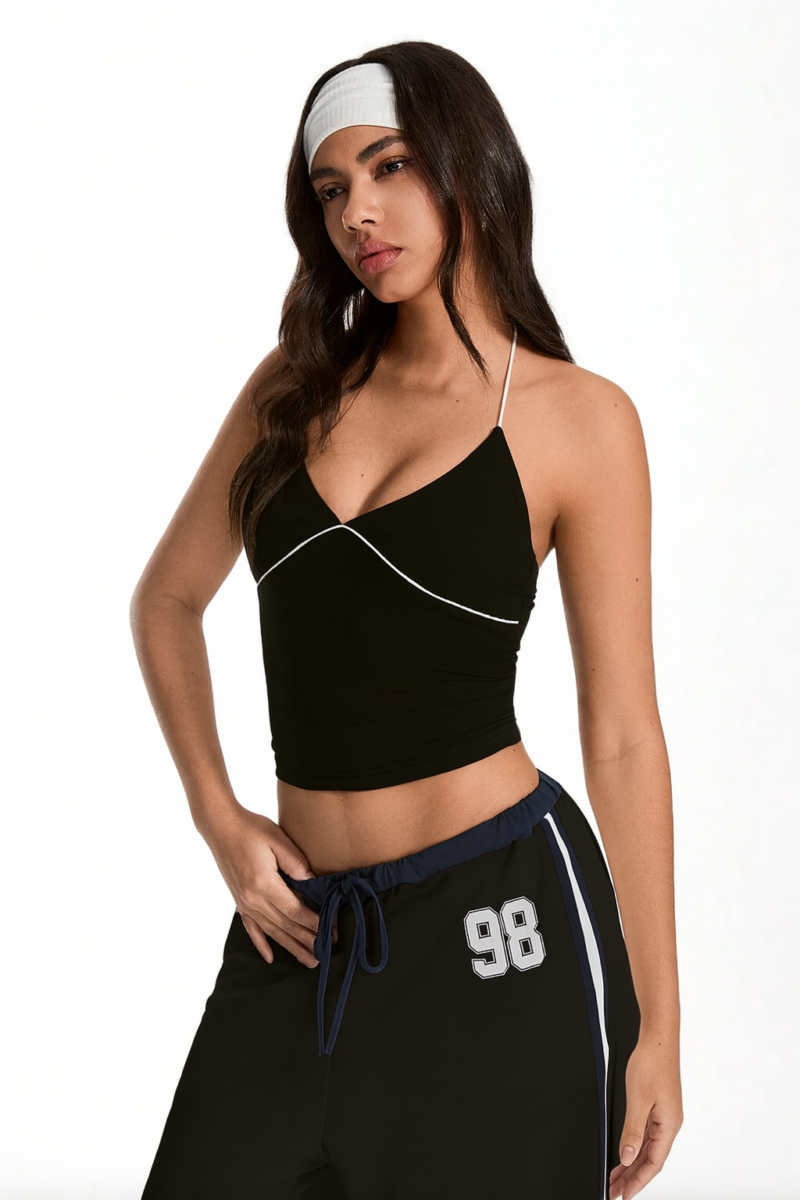 Eva Black Contrast Binding Cami Crop Top - Image 2