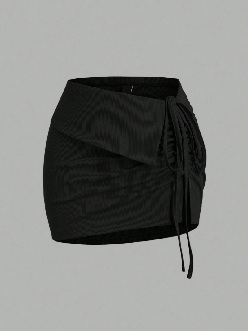 Travi Black Foldover Tie Waist Ruched Skirt