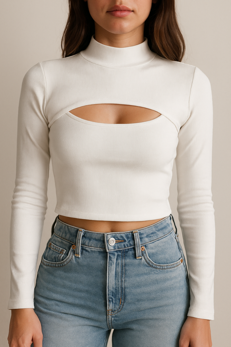 Elly White Cutout Neck Full Sleeves Crop Top