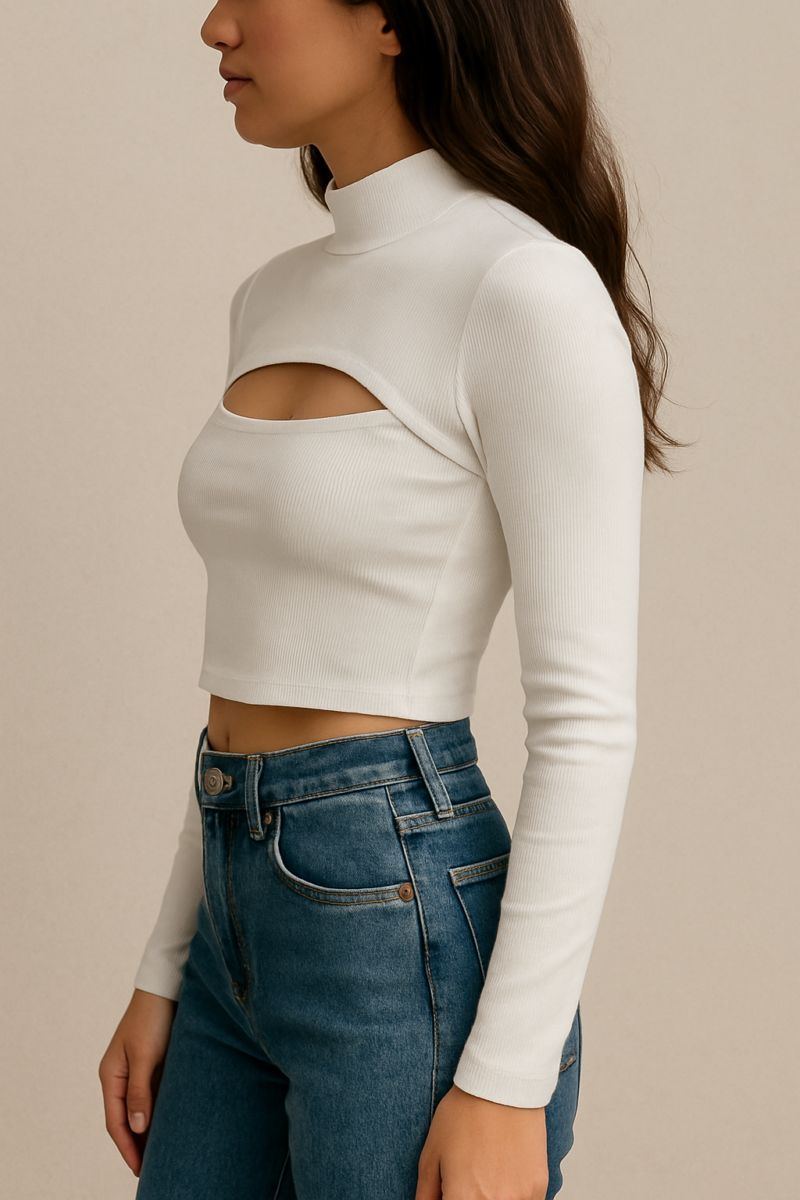 Elly White Cutout Neck Full Sleeves Crop Top - Image 2