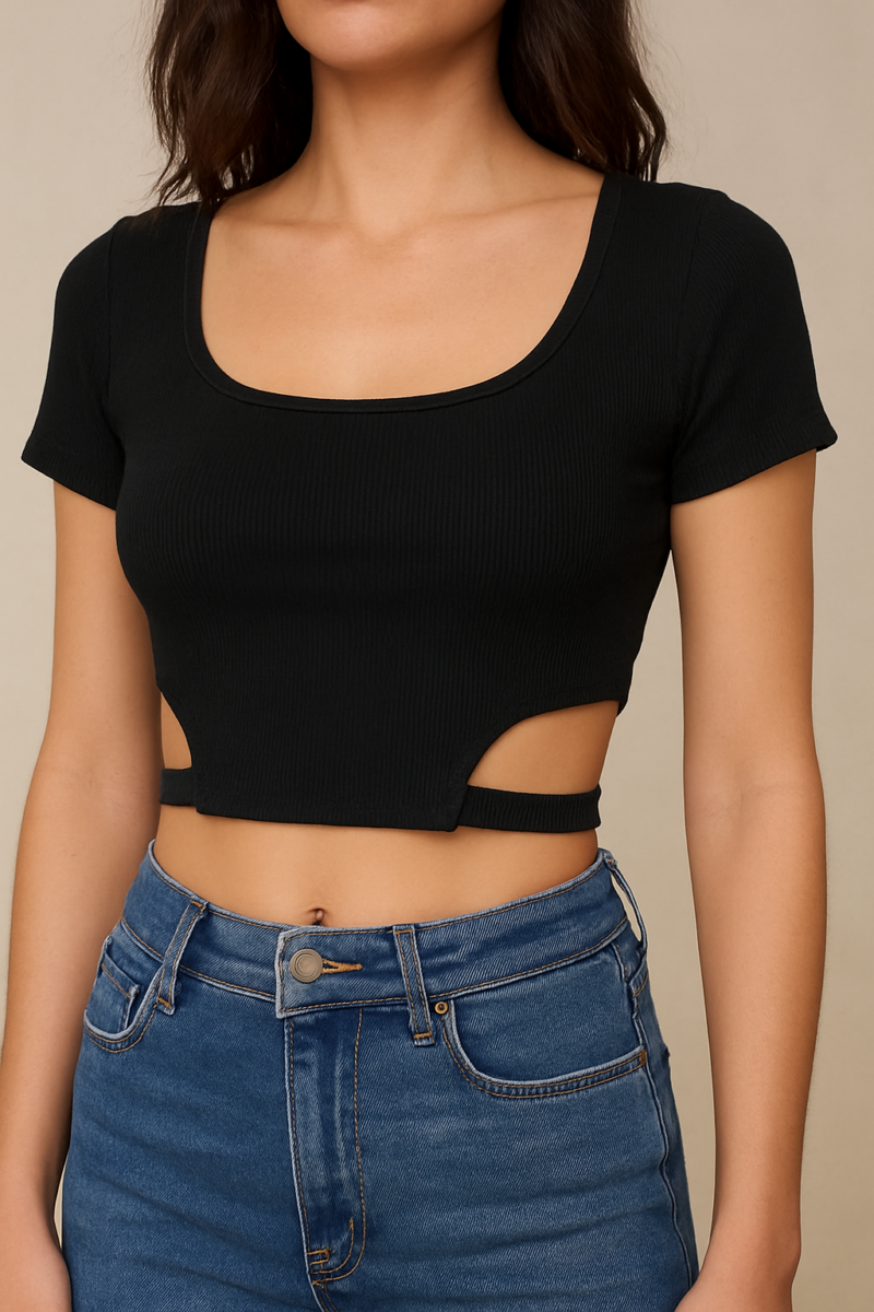 Baylena Black Side Cut Short Sleeves Crop Top
