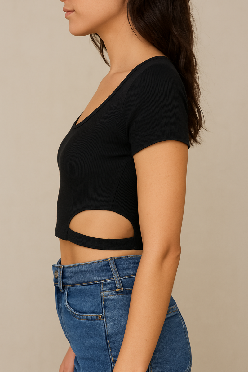 Baylena Black Side Cut Short Sleeves Crop Top - Image 2
