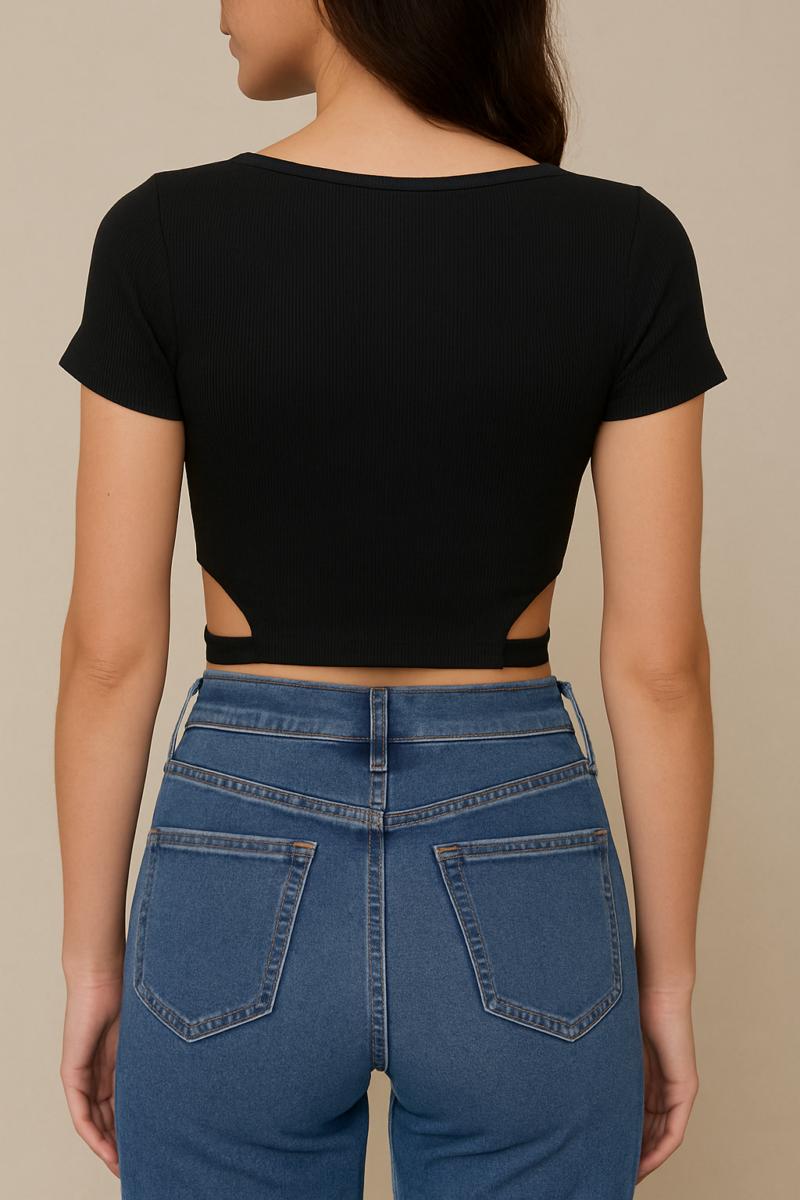 Baylena Black Side Cut Short Sleeves Crop Top - Image 3