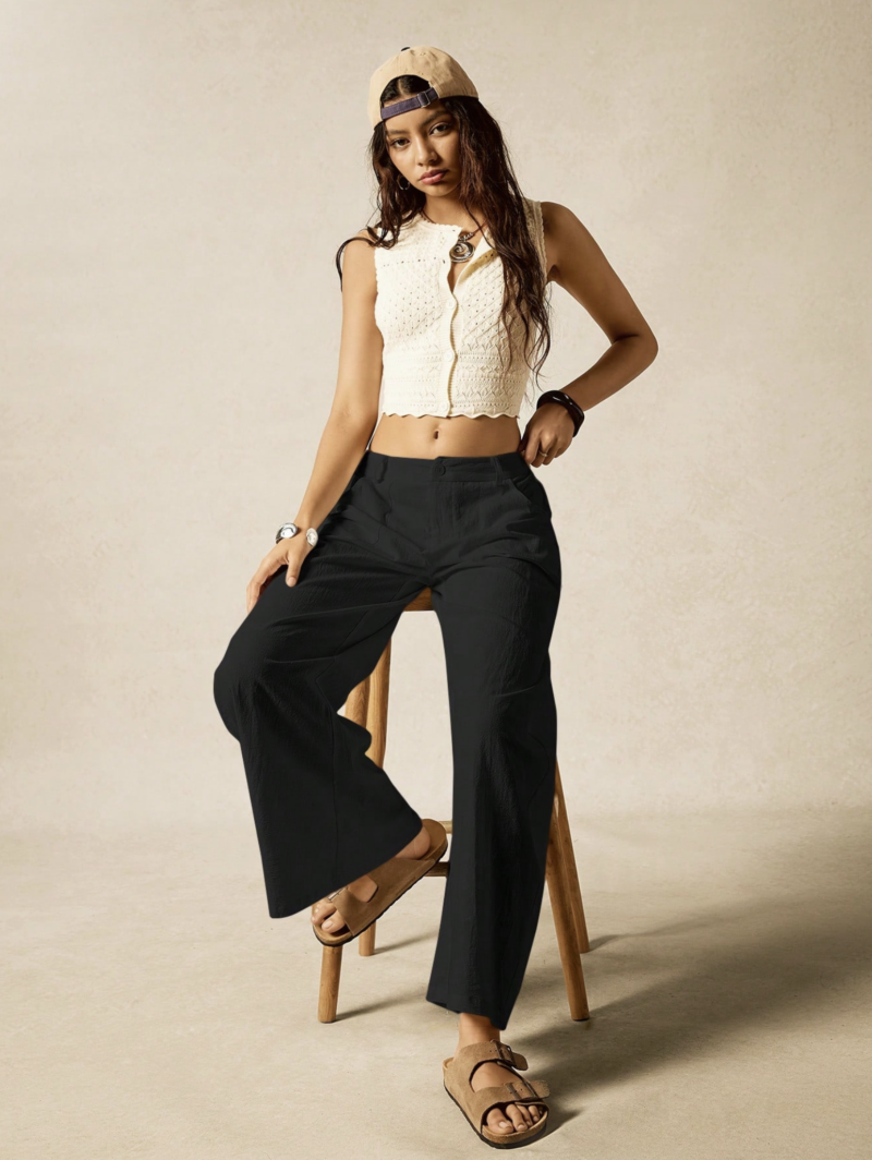 Perry Black Relaxed Fit Cotton Linen Pants - Image 7