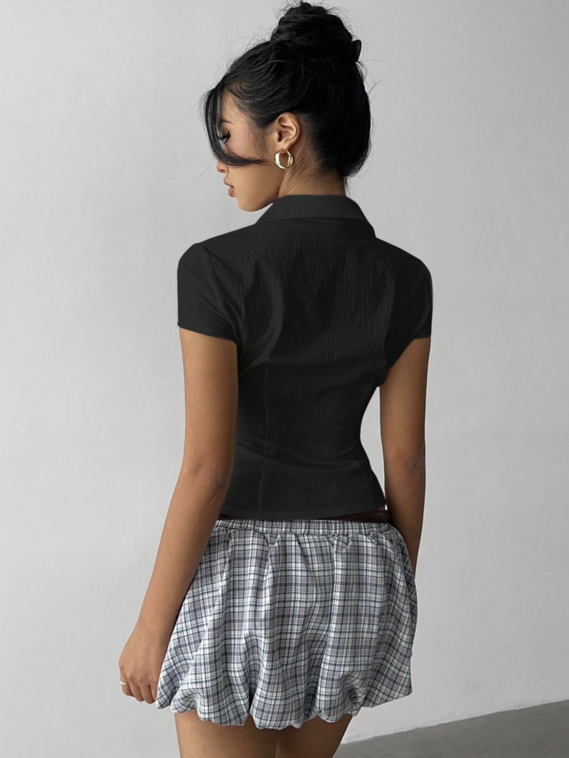 Alvie Black Pleated Cotton Short Sleeves Shirt - Image 3