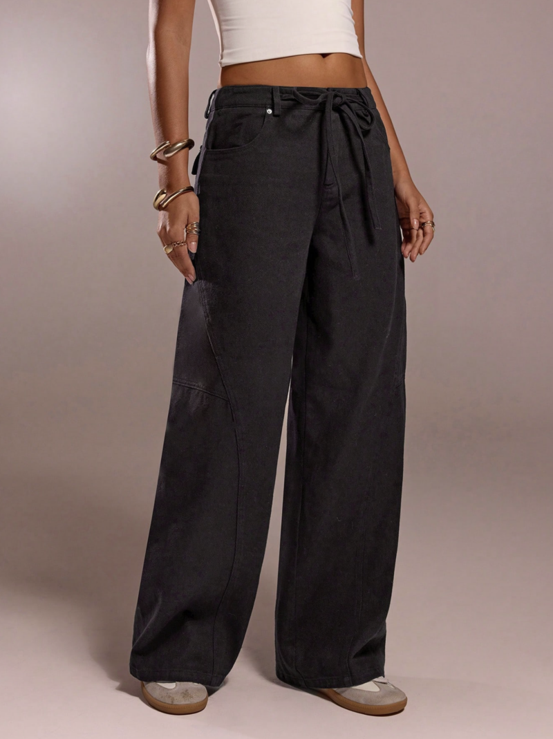 Gwen Black Belted Relaxed Fit Pants - Image 4