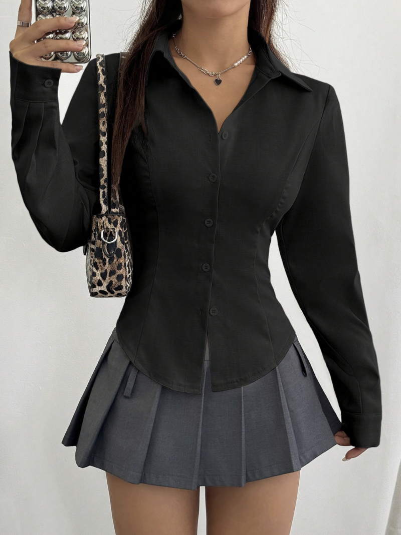Julia Black Pleated Full Sleeves Cotton Shirt