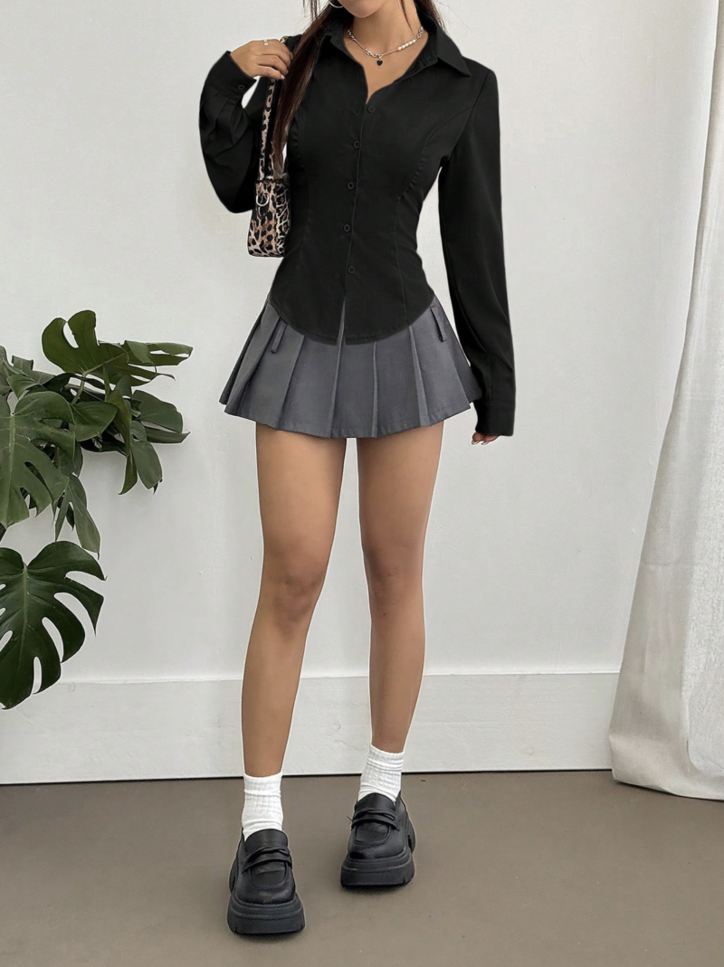 Julia Black Pleated Full Sleeves Cotton Shirt - Image 3