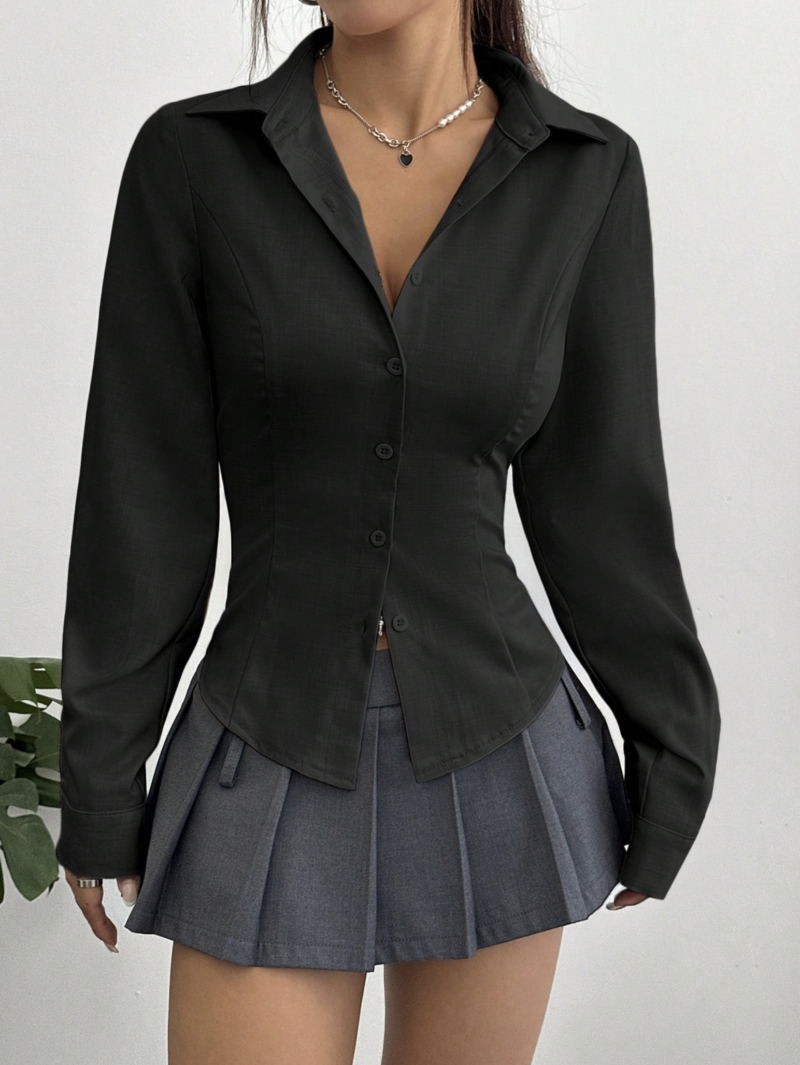 Julia Black Pleated Full Sleeves Cotton Shirt - Image 5