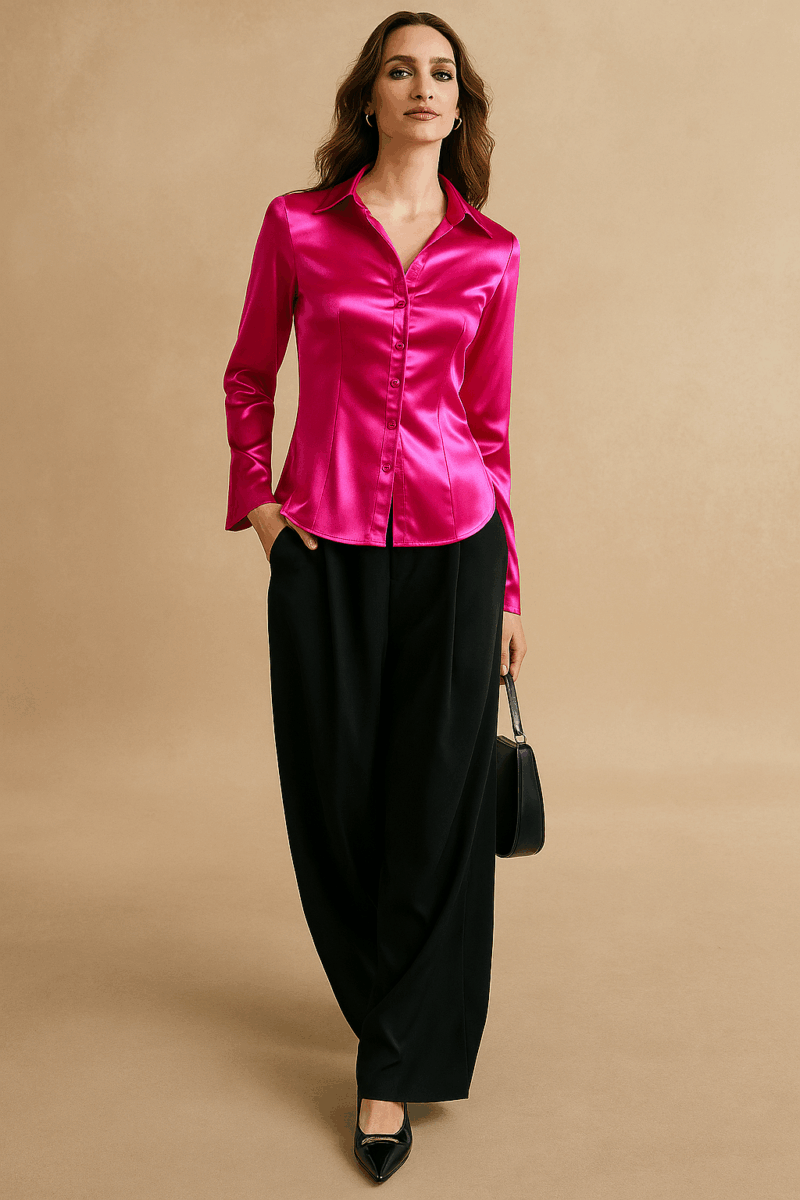Niky Pink Pleated Full Sleeves Satin Shirt - Image 3
