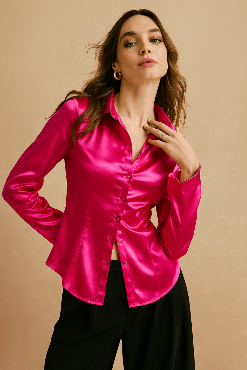 Niky Pink Pleated Full Sleeves Satin Shirt - Image 4