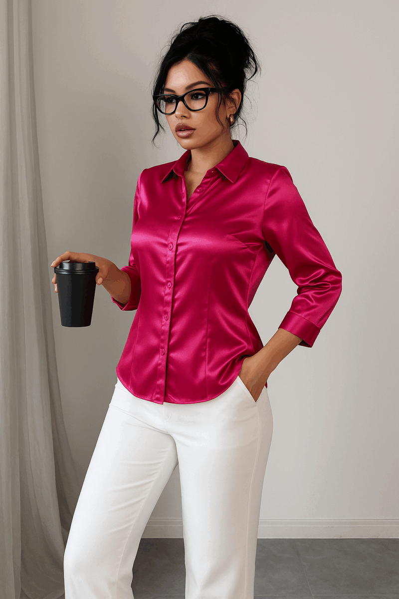 Kelly Pink Satin Pleated Shirt