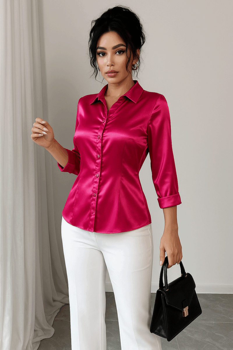 Kelly Pink Satin Pleated Shirt - Image 3