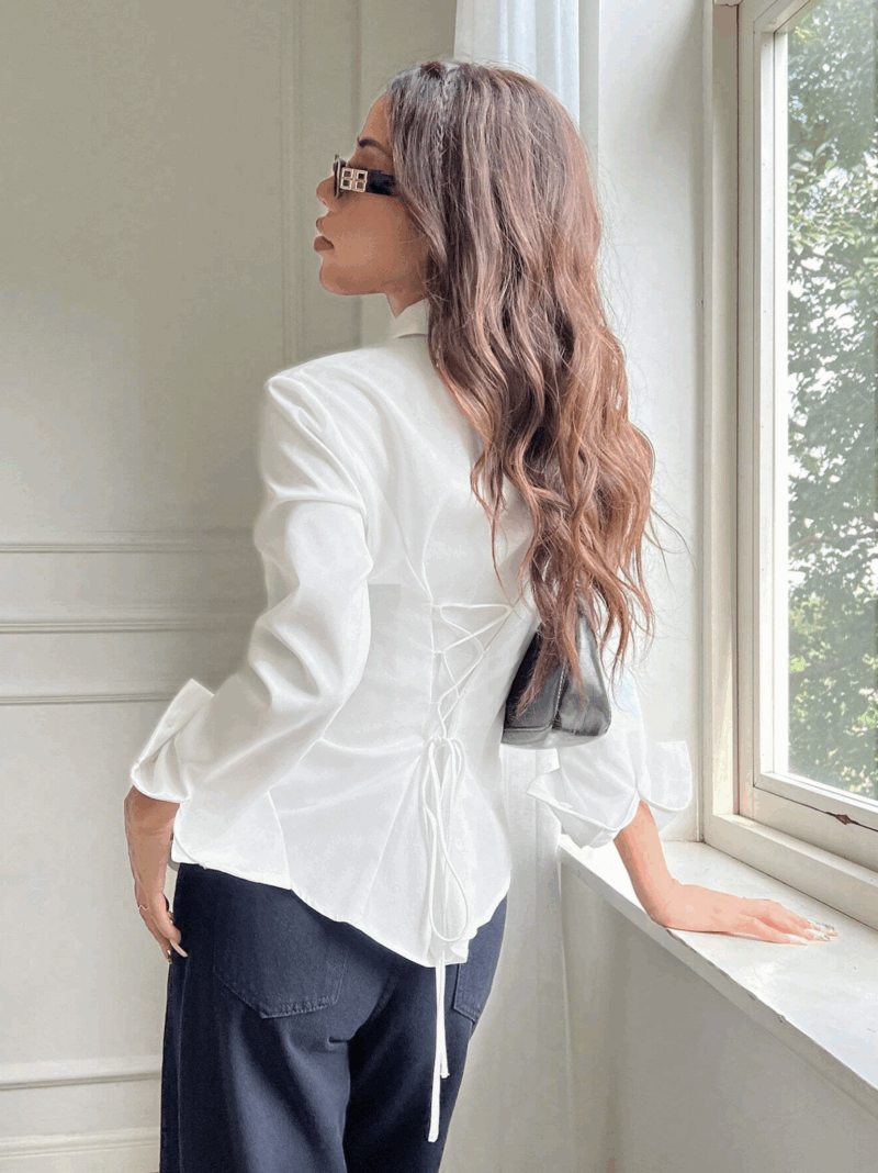 Defy White Pleated Back Tie Cotton Shirt - Image 4