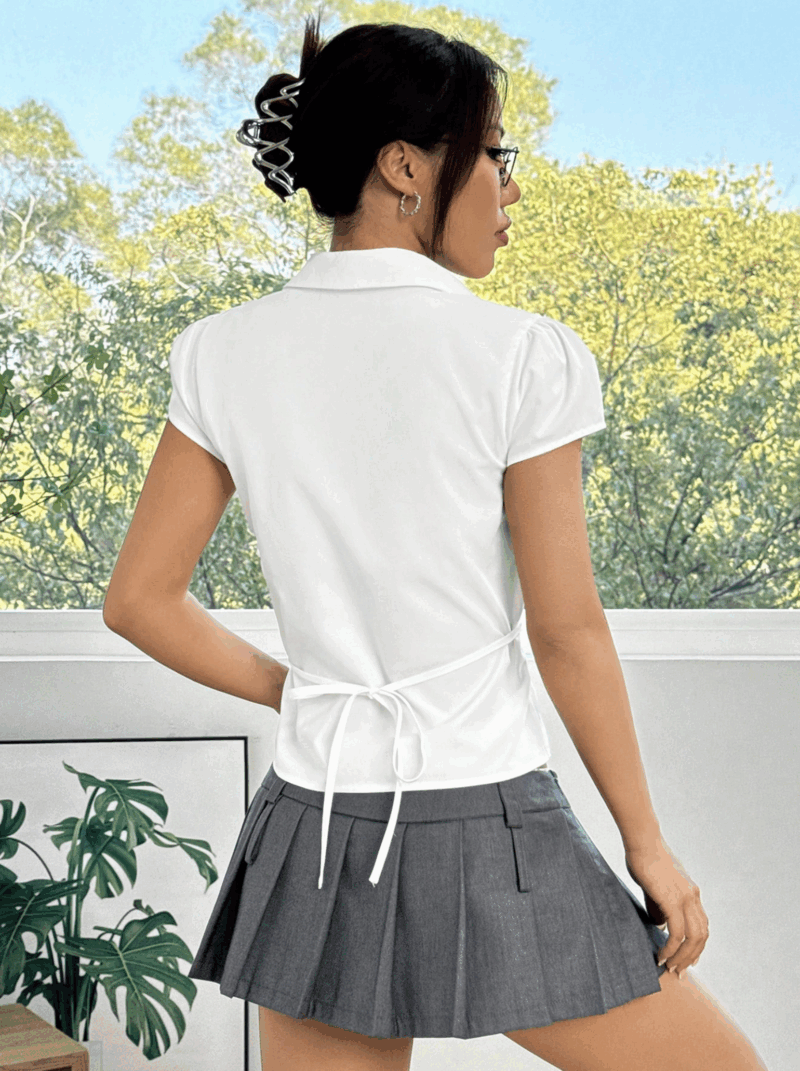 Nina White Back Tie Short Sleeves Cotton Shirt - Image 2