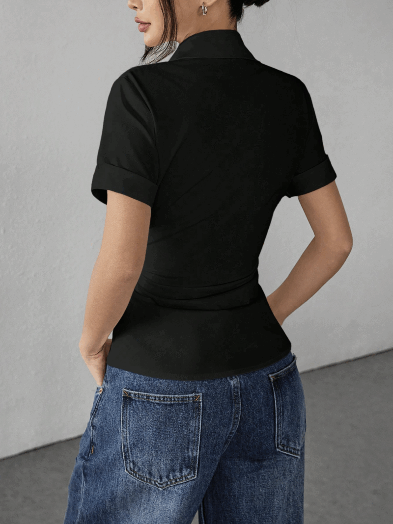 Tessy Black Half Sleeves Pleated Cotton Shirt - Image 2