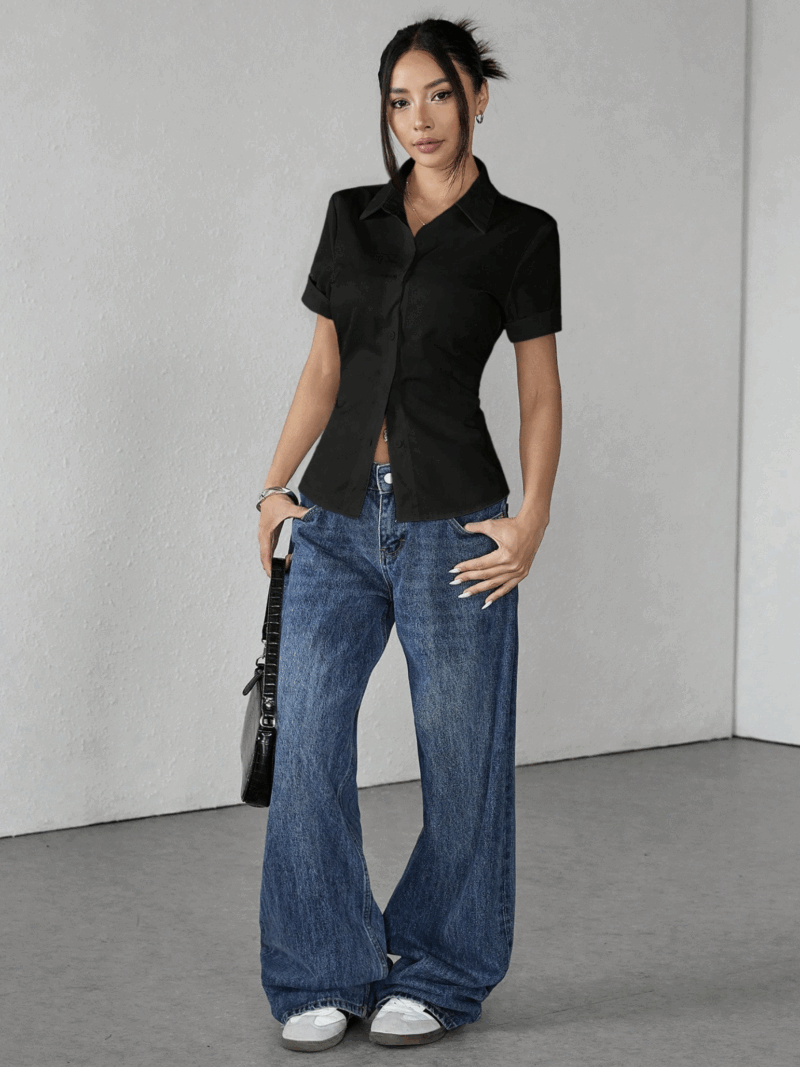 Tessy Black Half Sleeves Pleated Cotton Shirt - Image 3