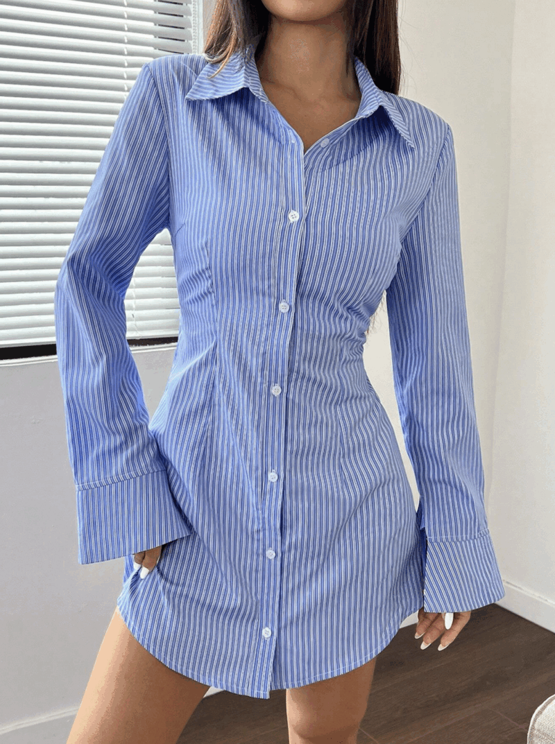 Calina Blue Striped Full Sleeves Buttoned Dress