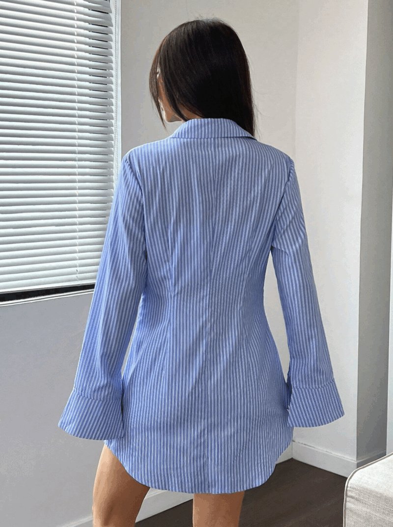 Calina Blue Striped Full Sleeves Buttoned Dress - Image 3