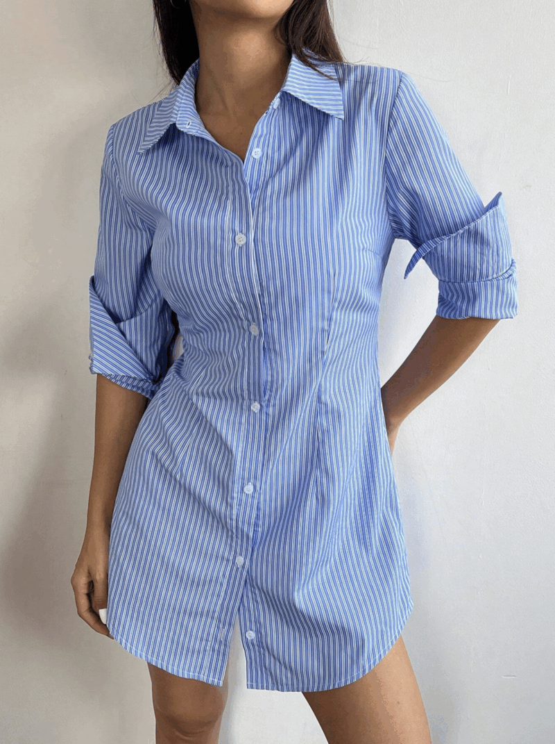Calina Blue Striped Full Sleeves Buttoned Dress - Image 5
